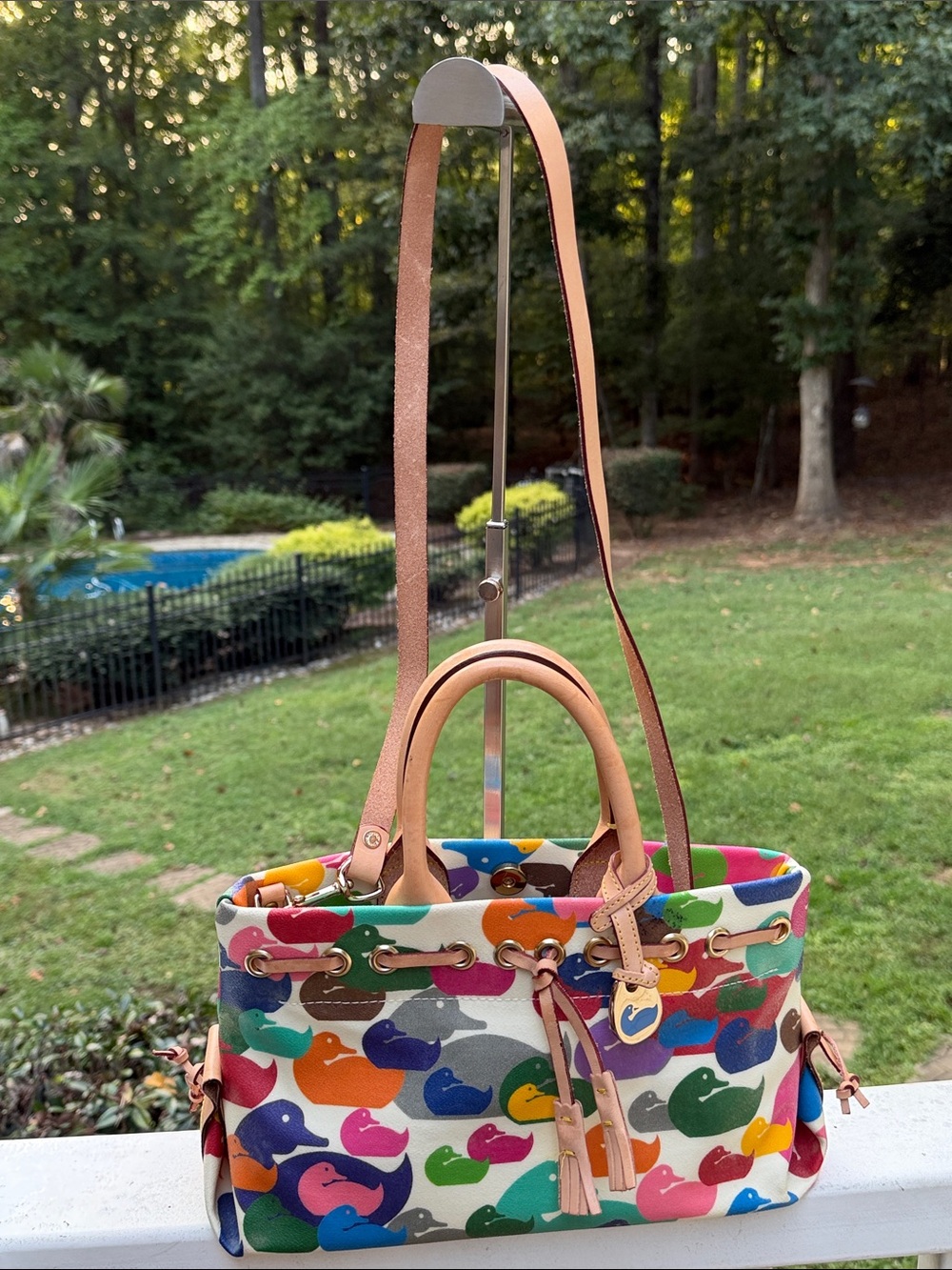 Dooney and Burke Multicolor Duck Pattern Canvas Tote with Tan Leather Handles